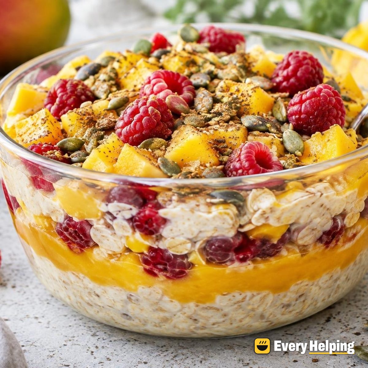 Mango Ginger Overnight Oat Parfait with Raspberries