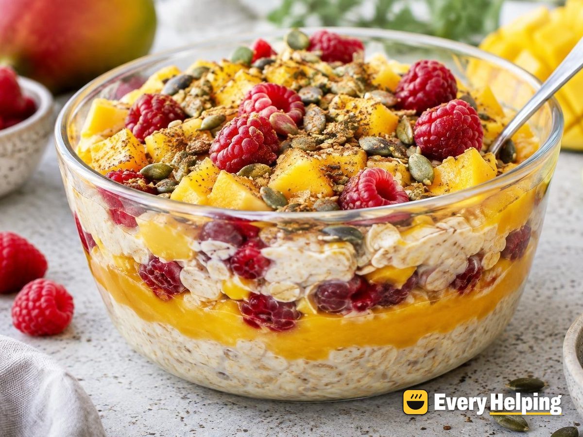 Mango Ginger Overnight Oat Parfait with Raspberries
