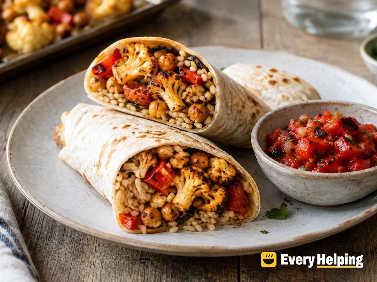 Roasted Cauliflower Chickpea Burritos with Pepper Salsa