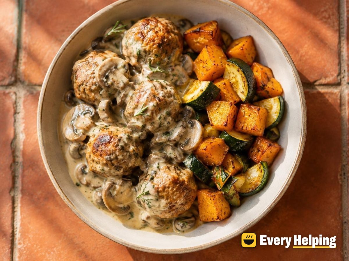 Turkey Meatballs, Creamy Mushroom Sauce, Roasted Squash