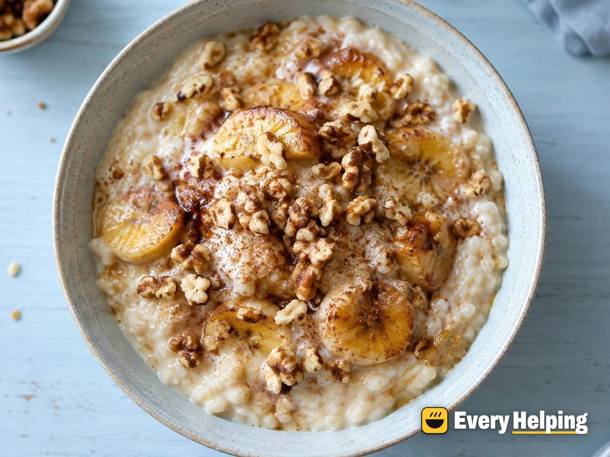 Coconut Banana Rice Pudding with Toasted Walnuts