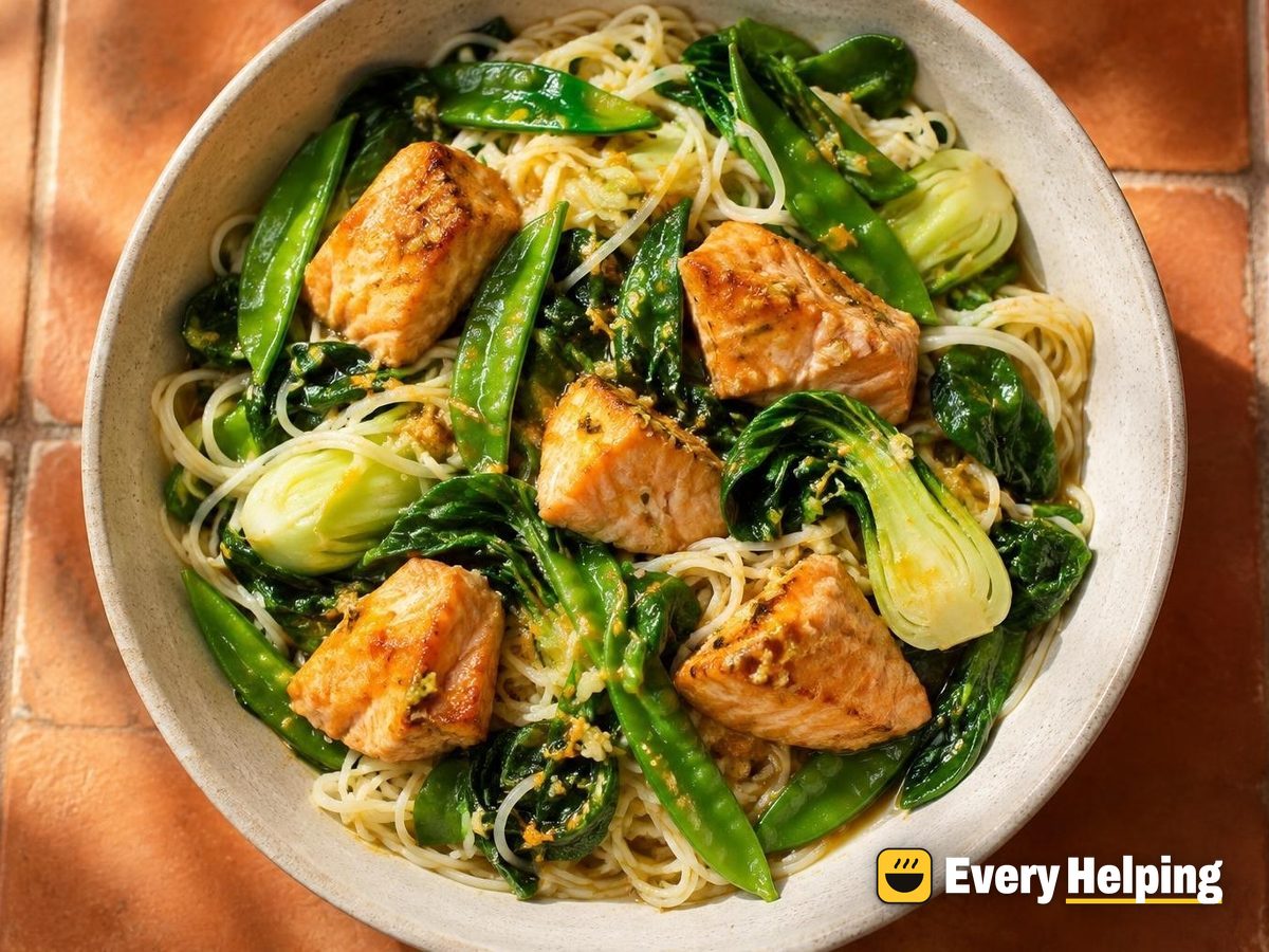 Lime Ginger Salmon with Greens and Rice Noodles