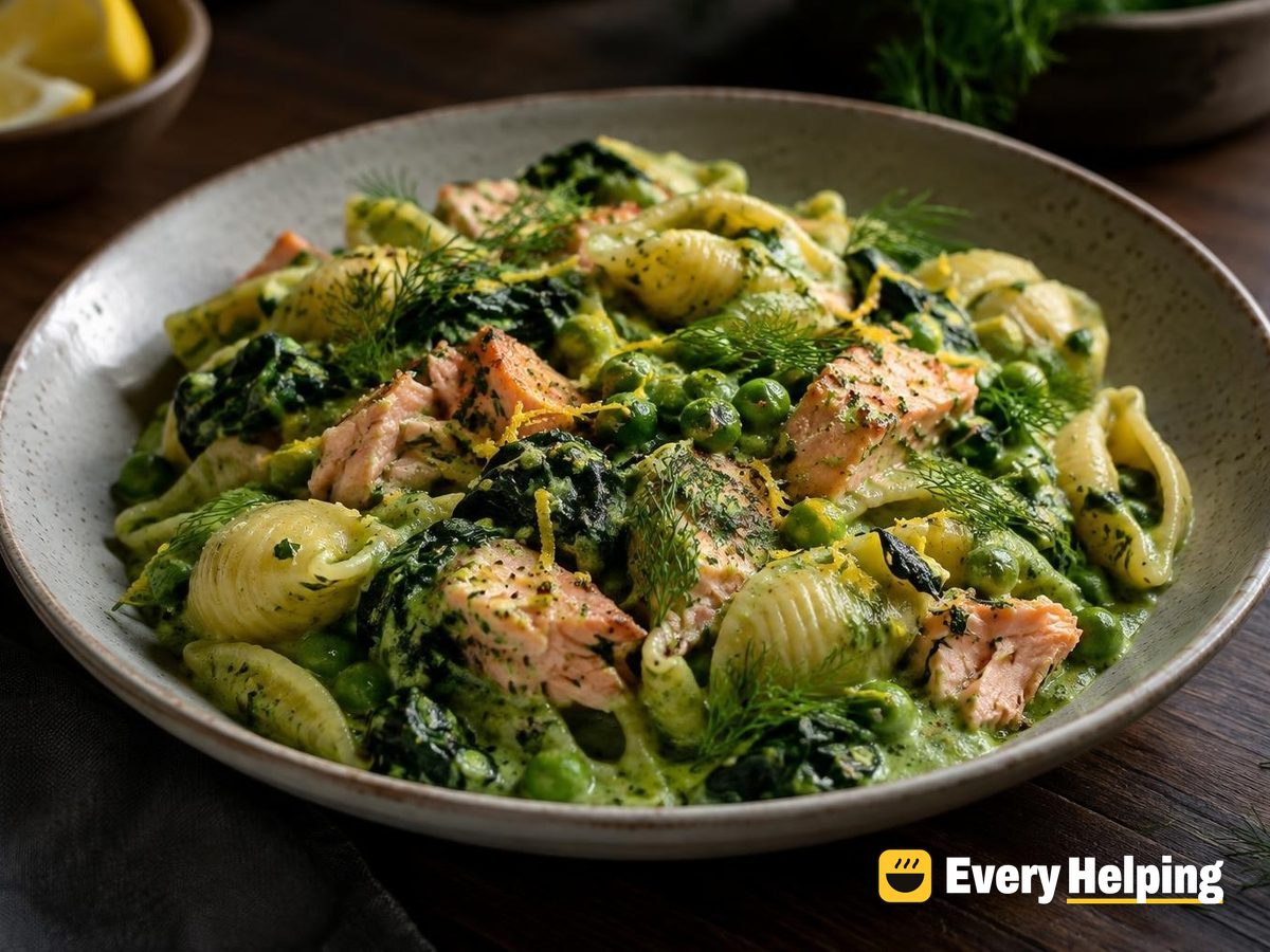 Salmon Shells in Green Pea-Spinach Cream