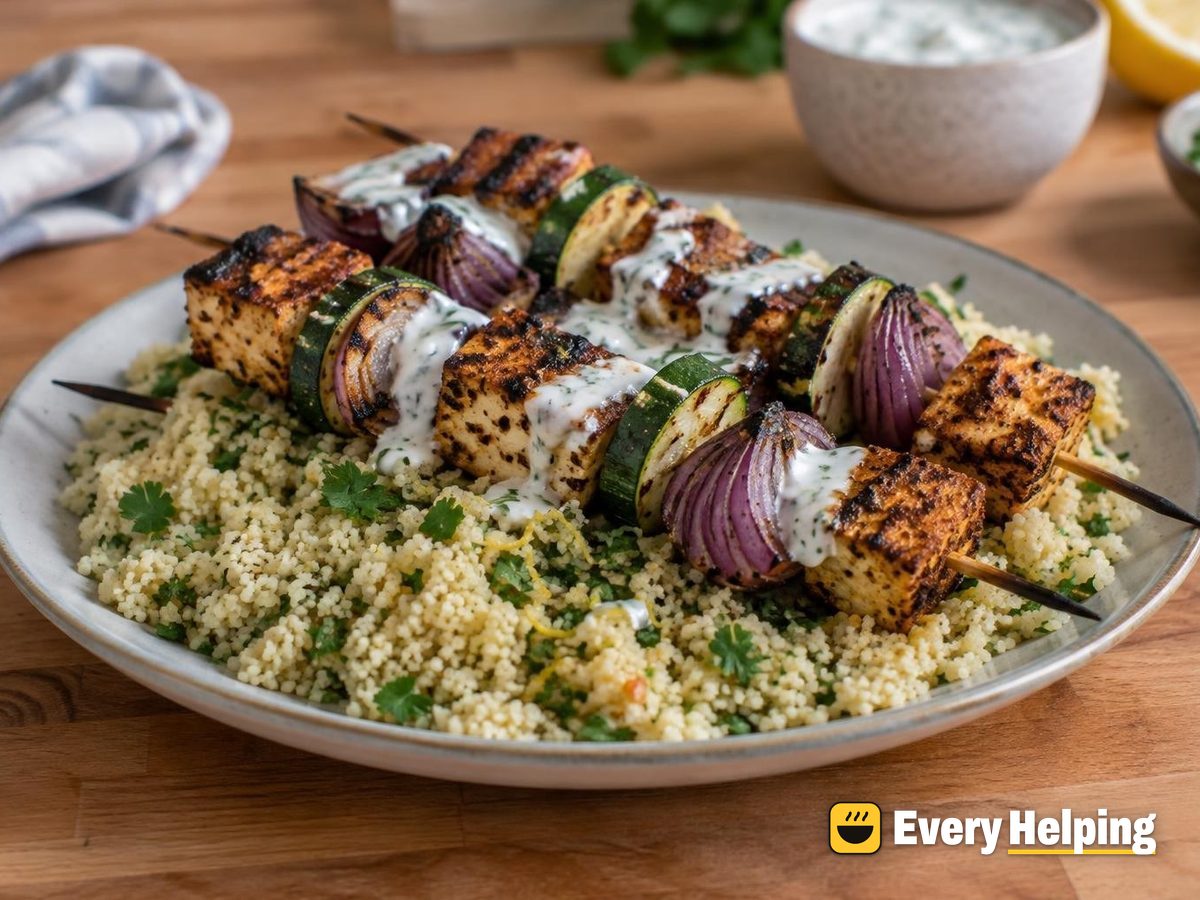 Cumin-Coriander Tofu Skewers with Herbed Couscous