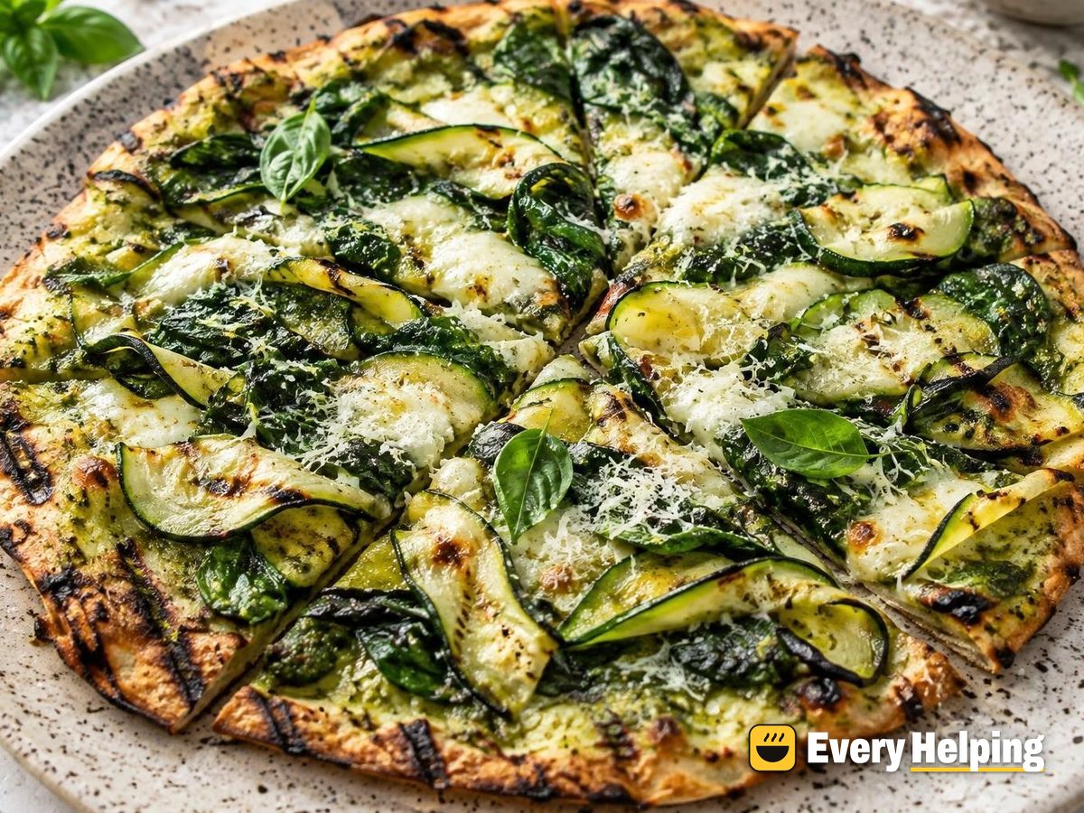 Grilled Thin-Crust Zucchini Spinach Pizzas with Basil Sauce