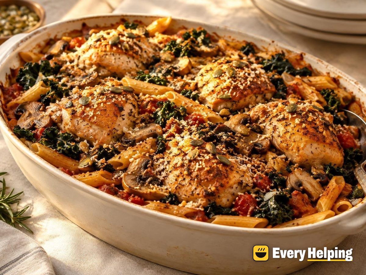 Chicken Thigh, Mushroom and Kale Penne Bake