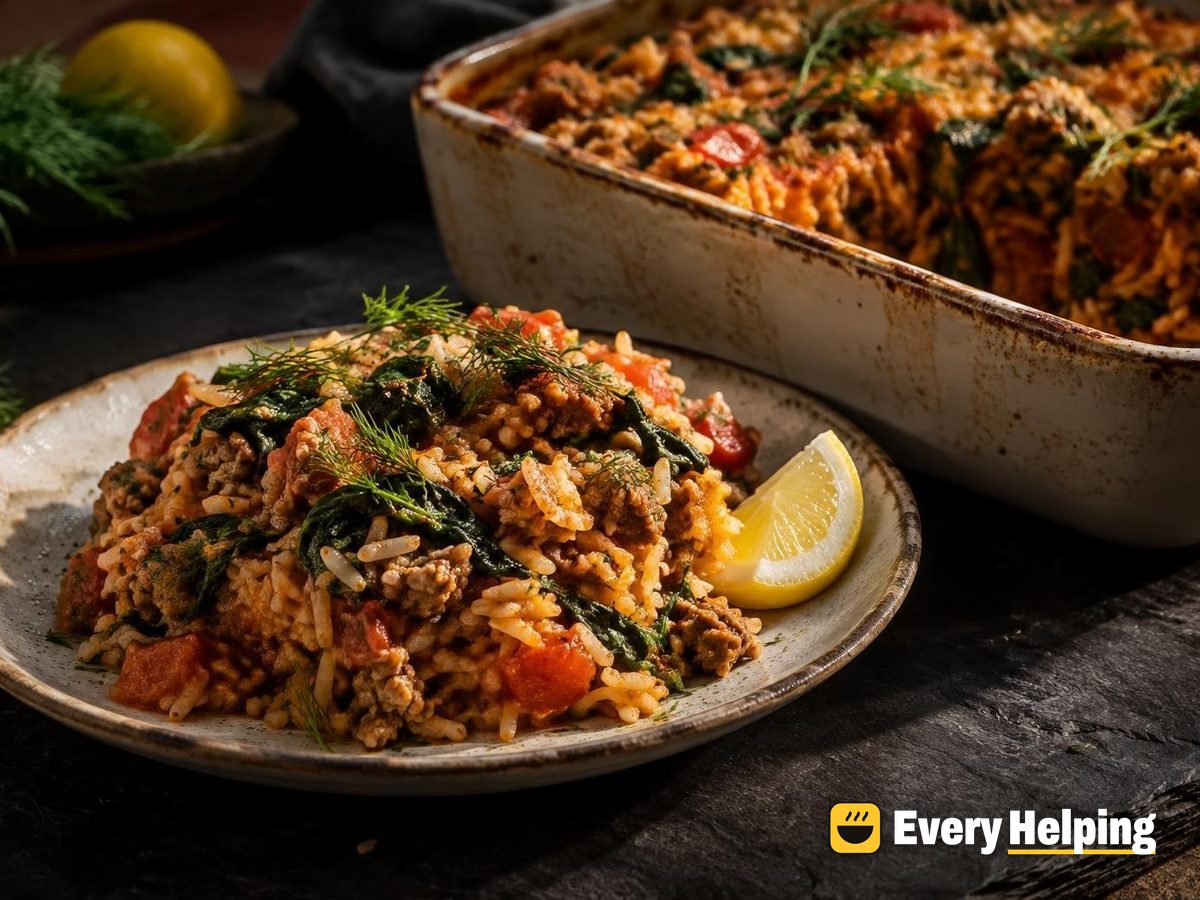 Greek-Style Turkey, Spinach and Tomato Rice Bake