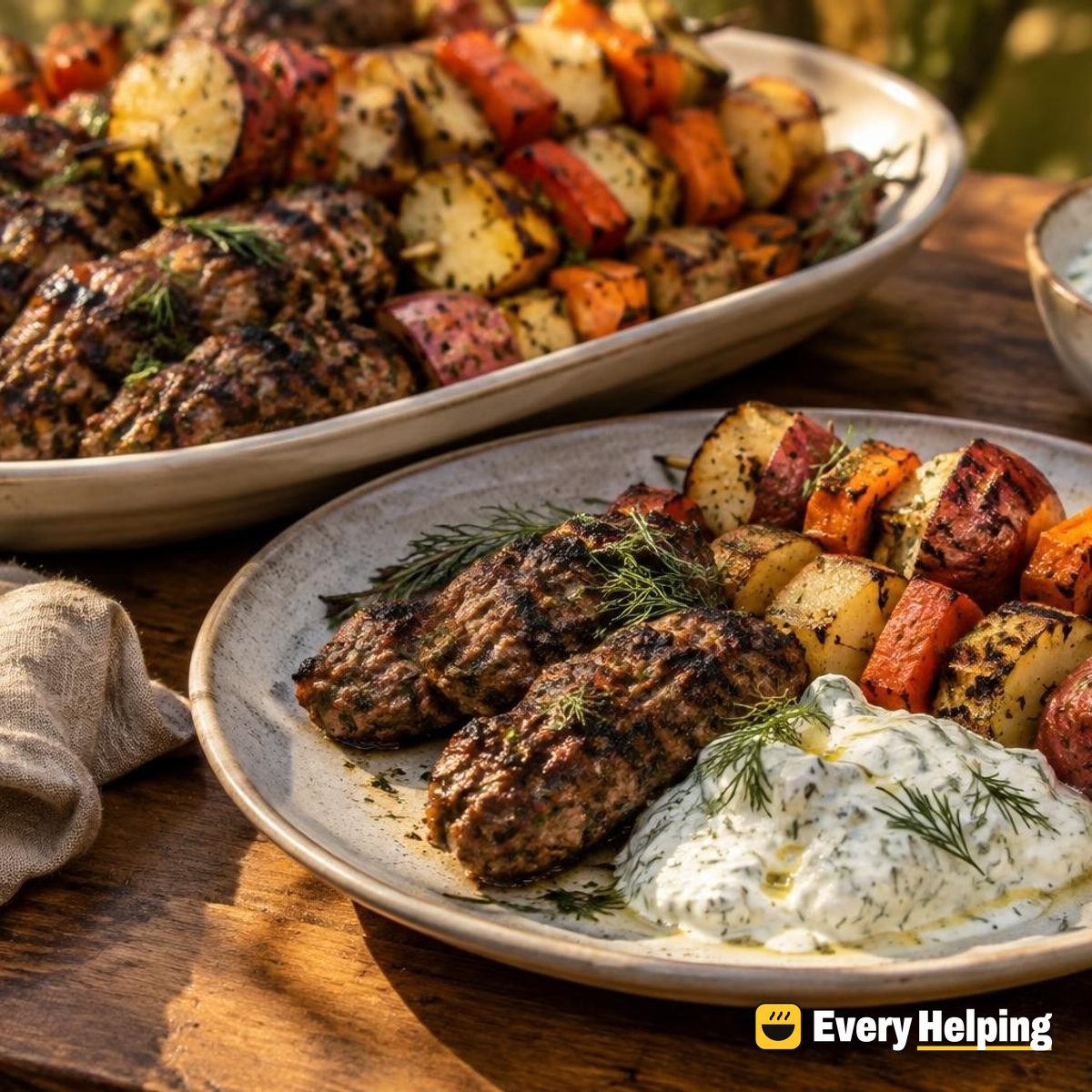Grilled Rosemary-Garlic Kofta with Potato-Carrot Skewers