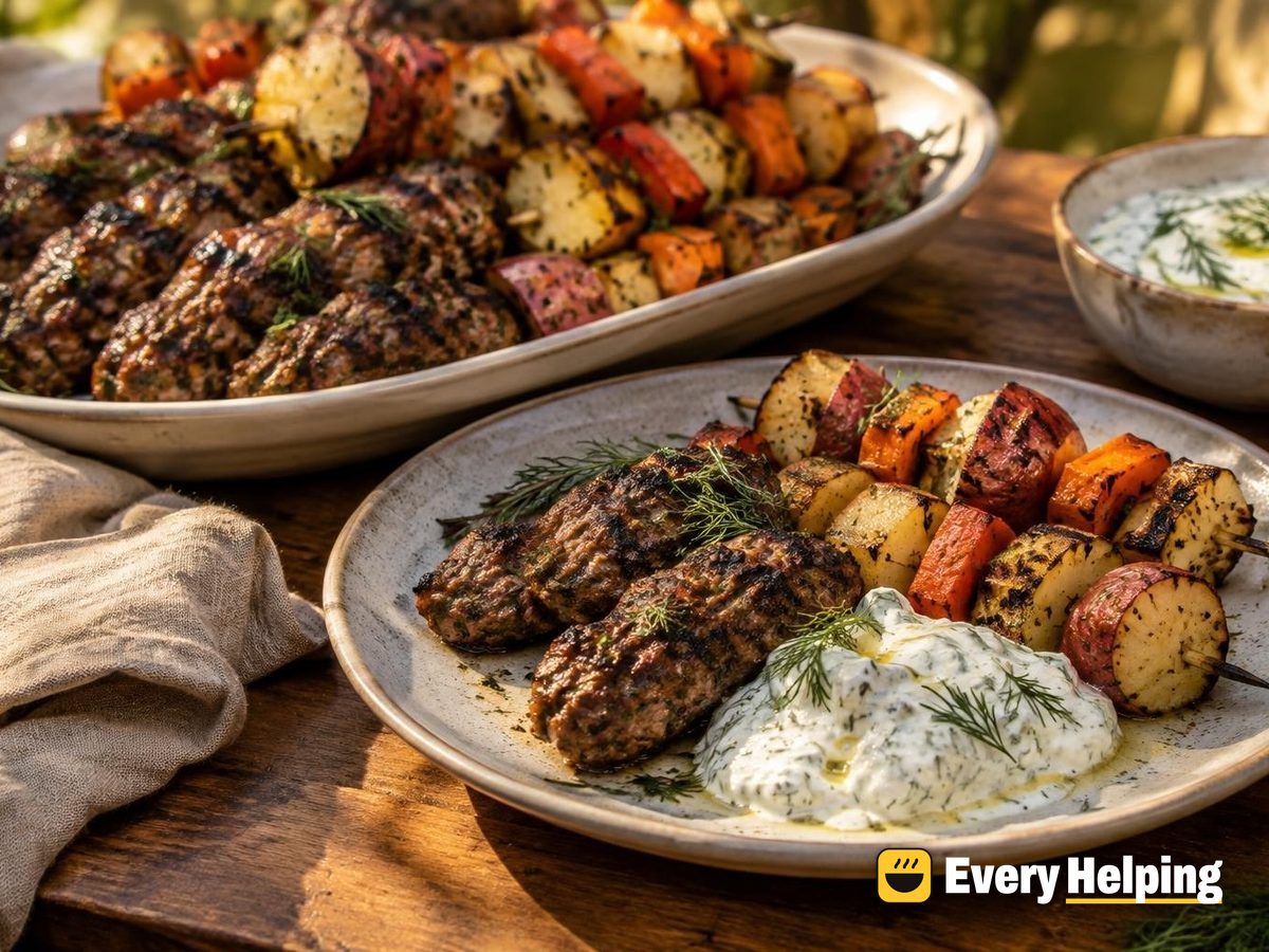 Grilled Rosemary-Garlic Kofta with Potato-Carrot Skewers