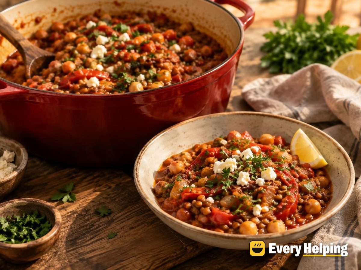 Roasted Red Pepper Chickpea and Lentil Braise
