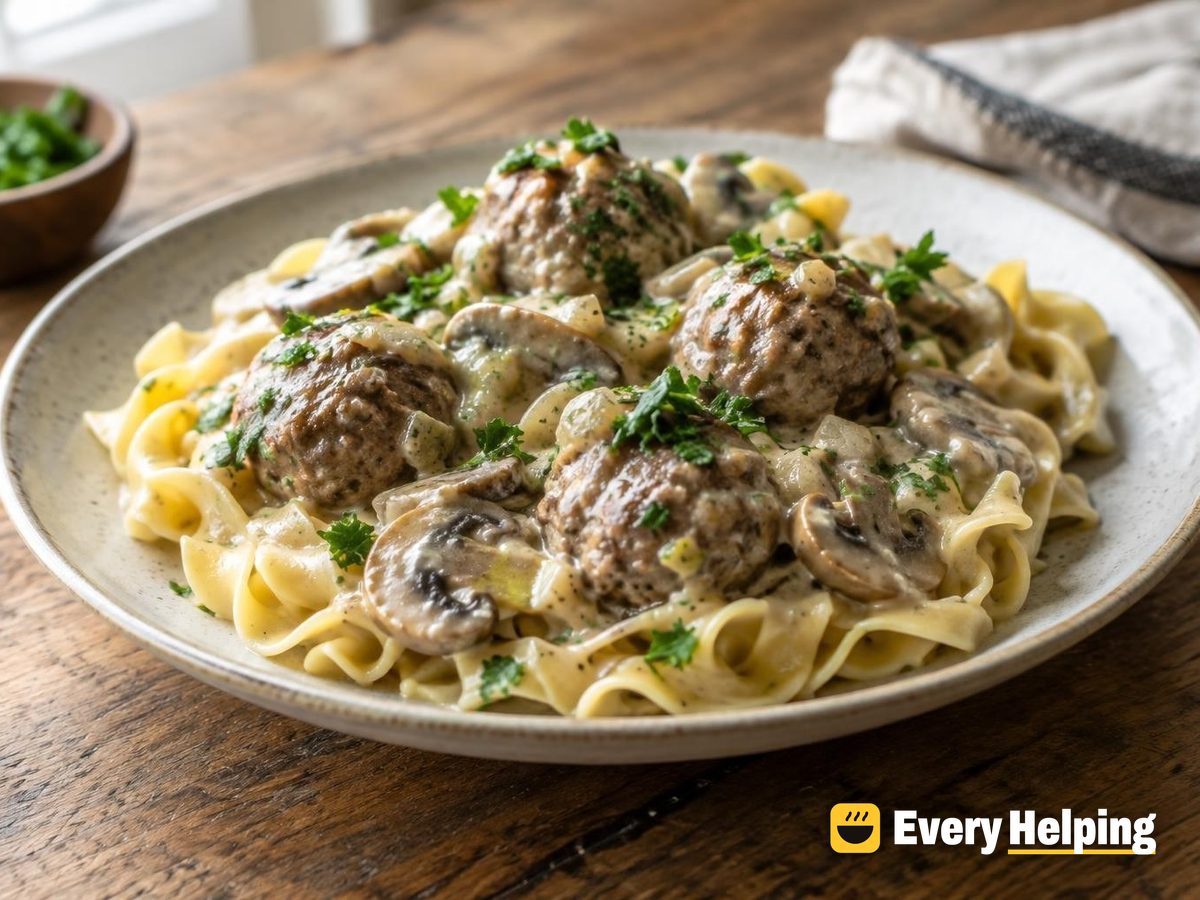 Beef Meatballs with Mushroom Sauce and Pasta