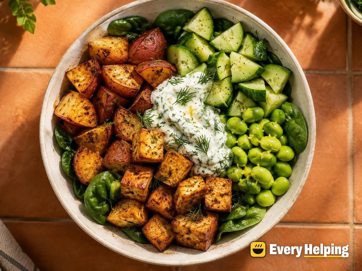 Crispy Tofu and Roasted Potato Bowls with Dill Yogurt