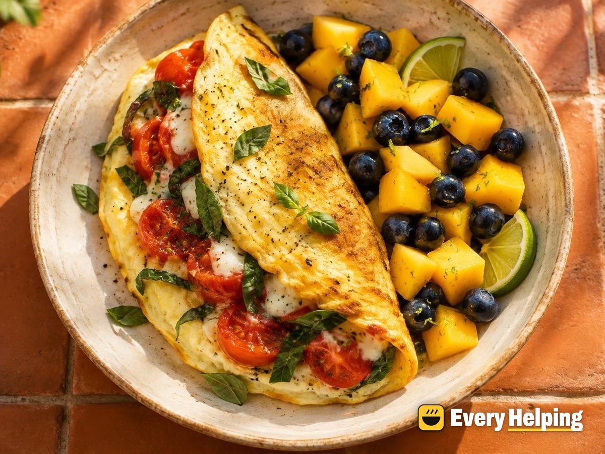 Folded Basil-Tomato Omelets with Mango and Berries
