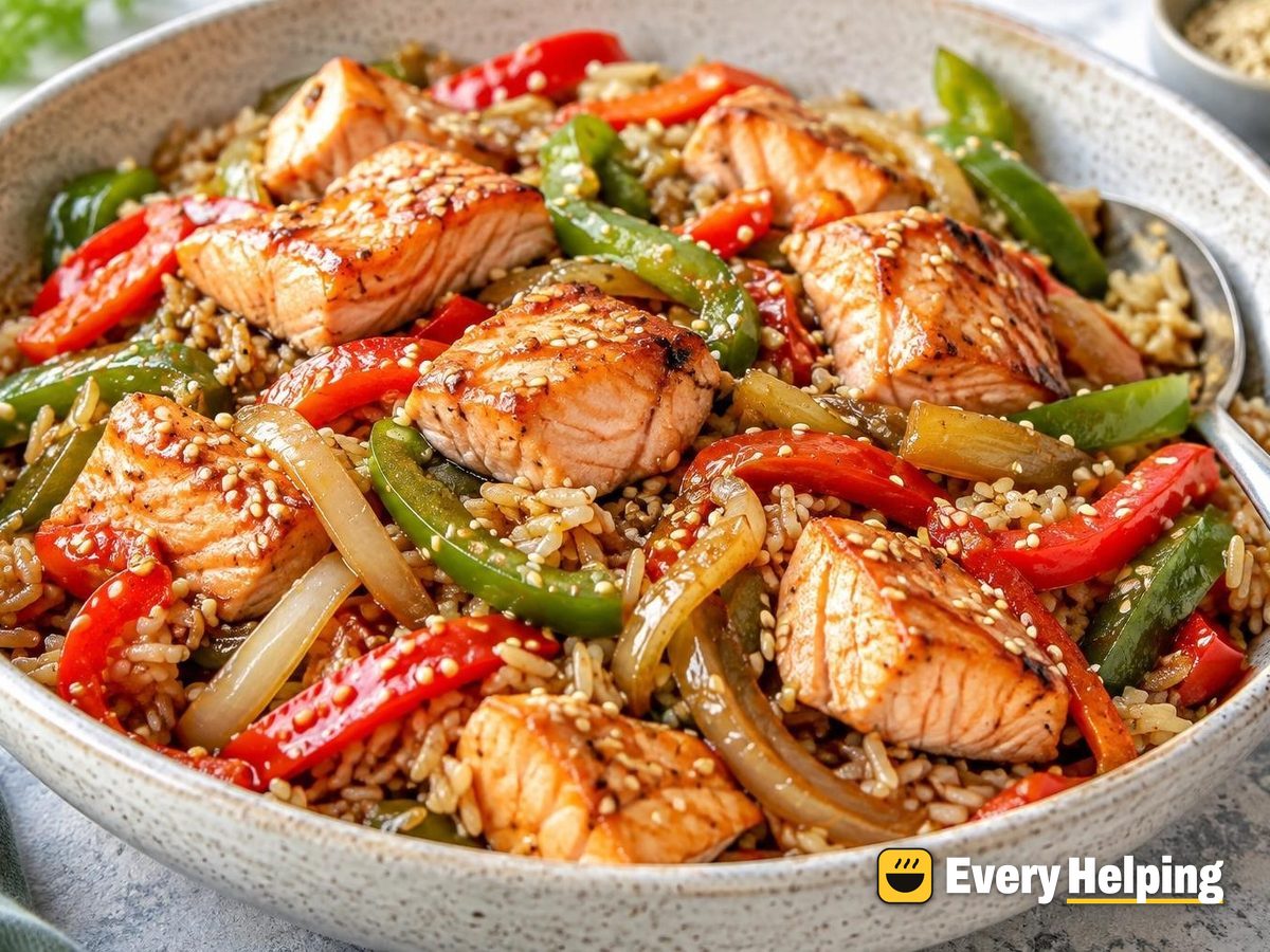 Soy Sesame Salmon with Peppers and Brown Rice