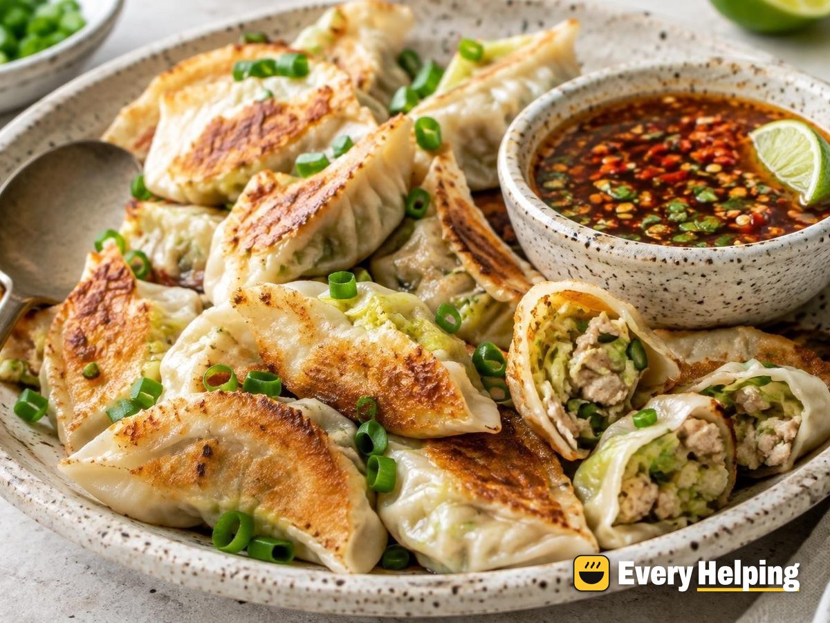 Chicken Thigh Cabbage-Ginger Potstickers, Chili Lime Dip