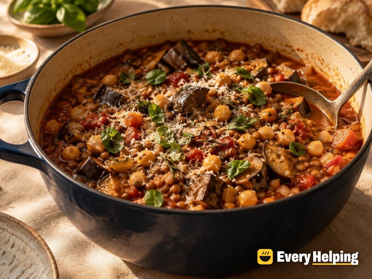 Brown Lentil and Chickpea Stew with Eggplant