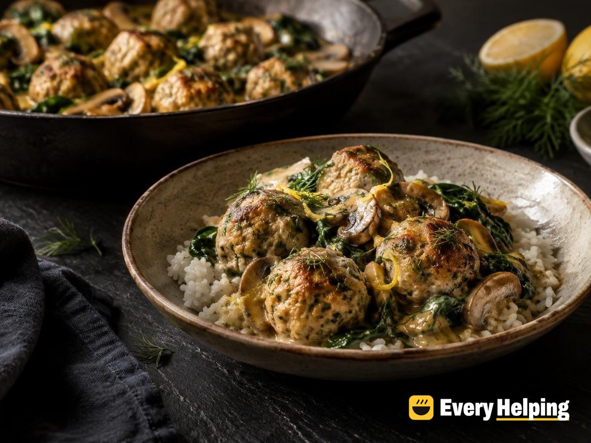 Lemon-Dill Chicken Meatballs with Mushroom Pan Sauce