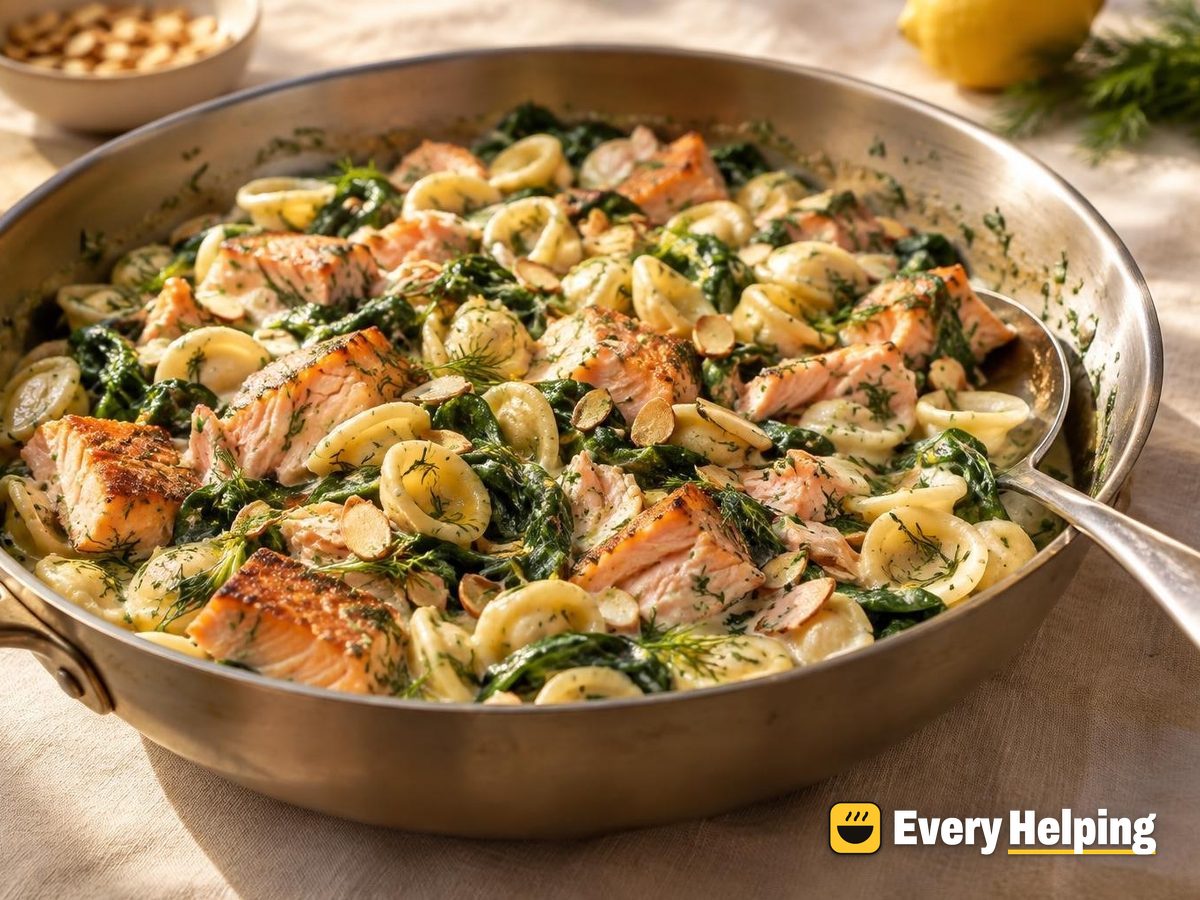 Salmon Orecchiette with Dill-Spinach Herb Sauce