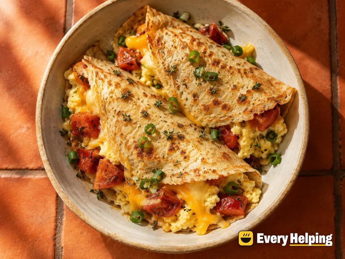 Oat Crêpes with Scrambled Eggs, Tomato and Cheddar