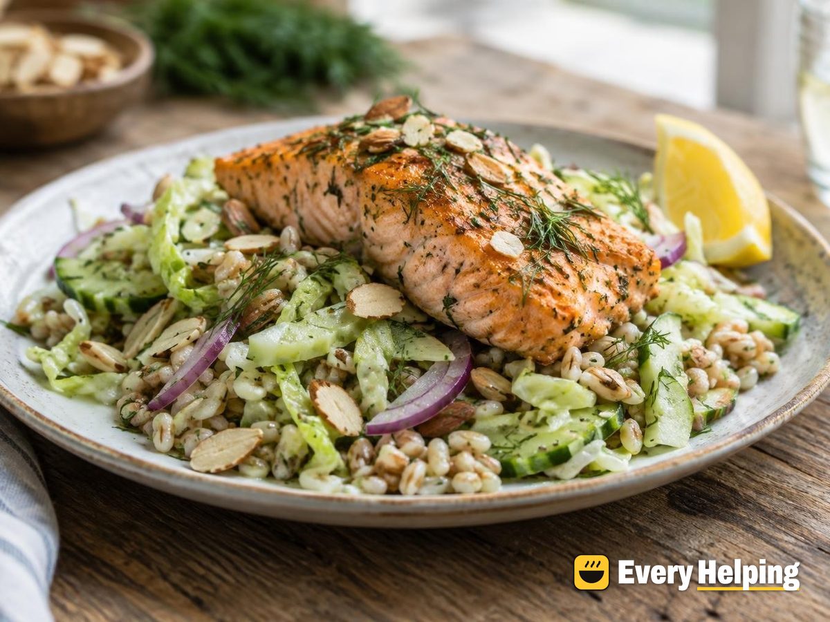 Roasted Salmon Farro-Style Barley Cabbage Salad