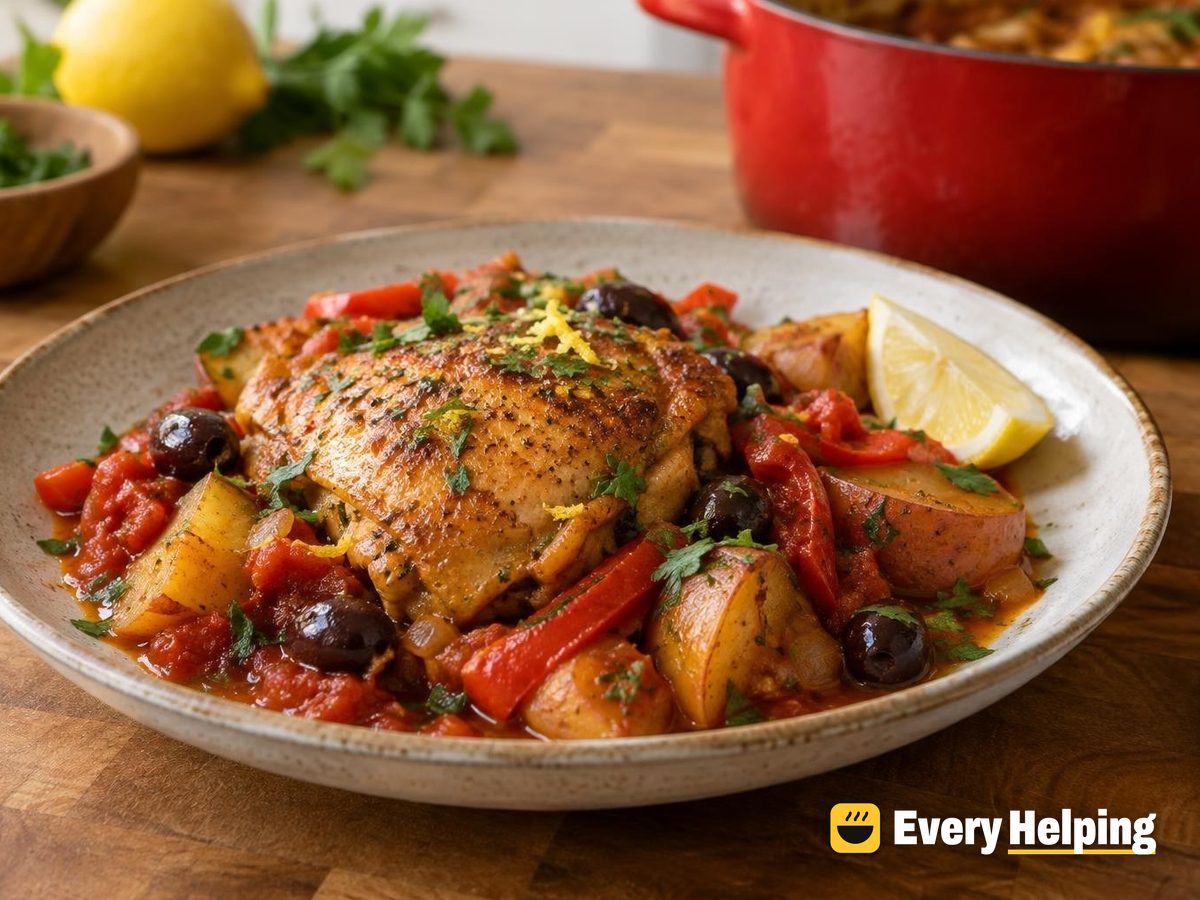 Chicken Thigh Tomato Braise with Roasted Peppers