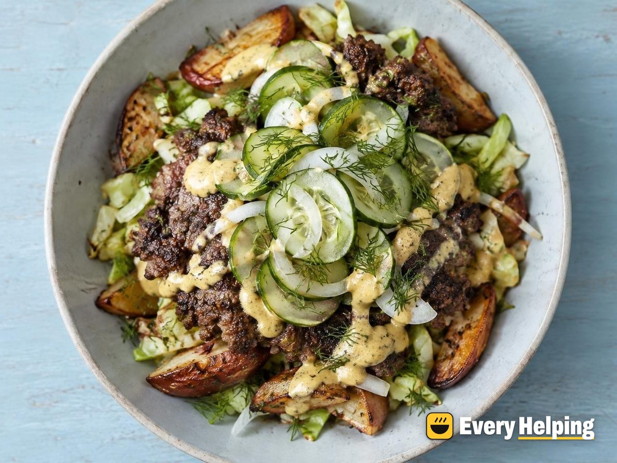 Skillet Smash Burger Bowls with Dill Pickles