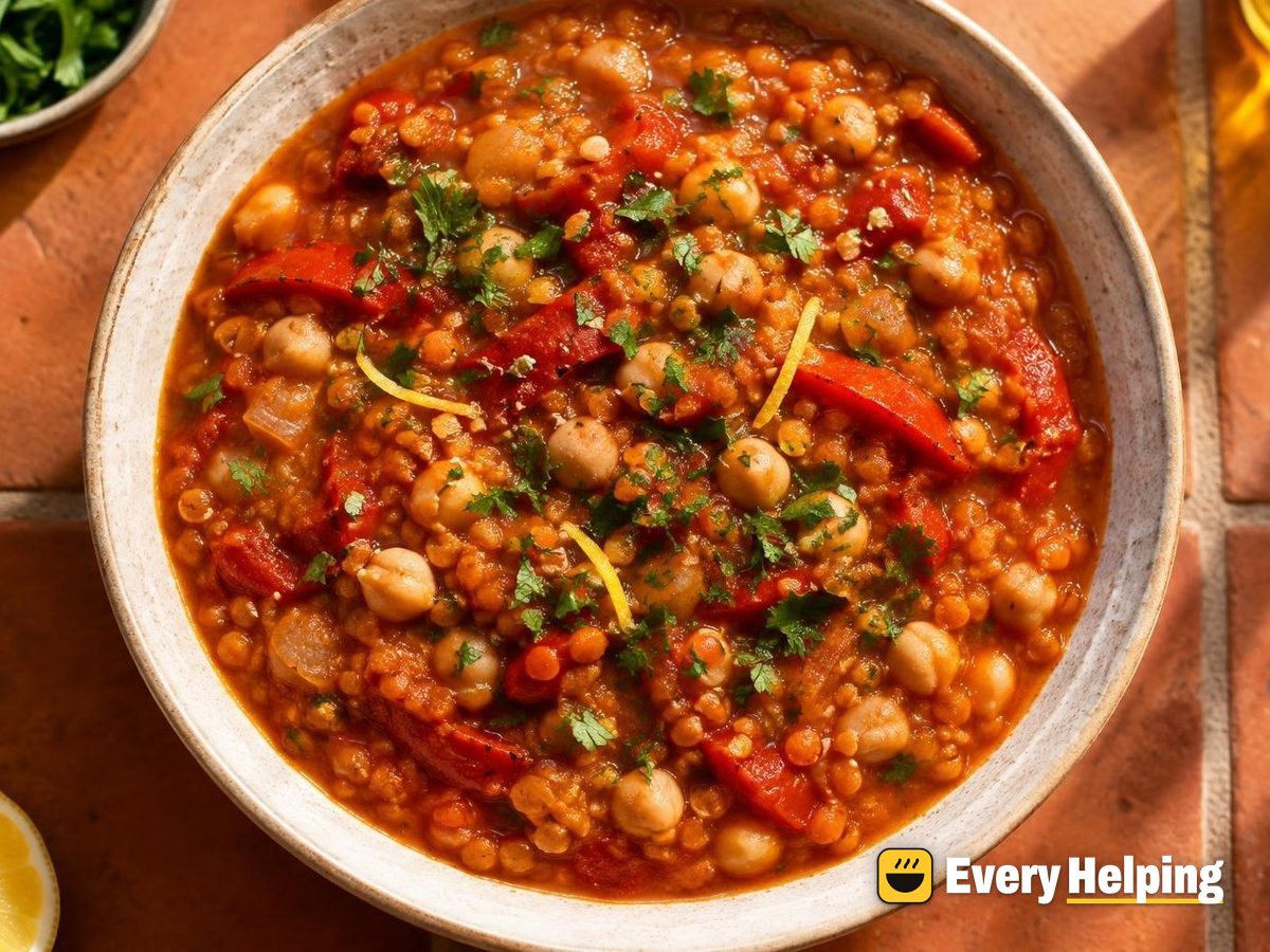Smoky Roasted Pepper Red Lentil and Chickpea Stew