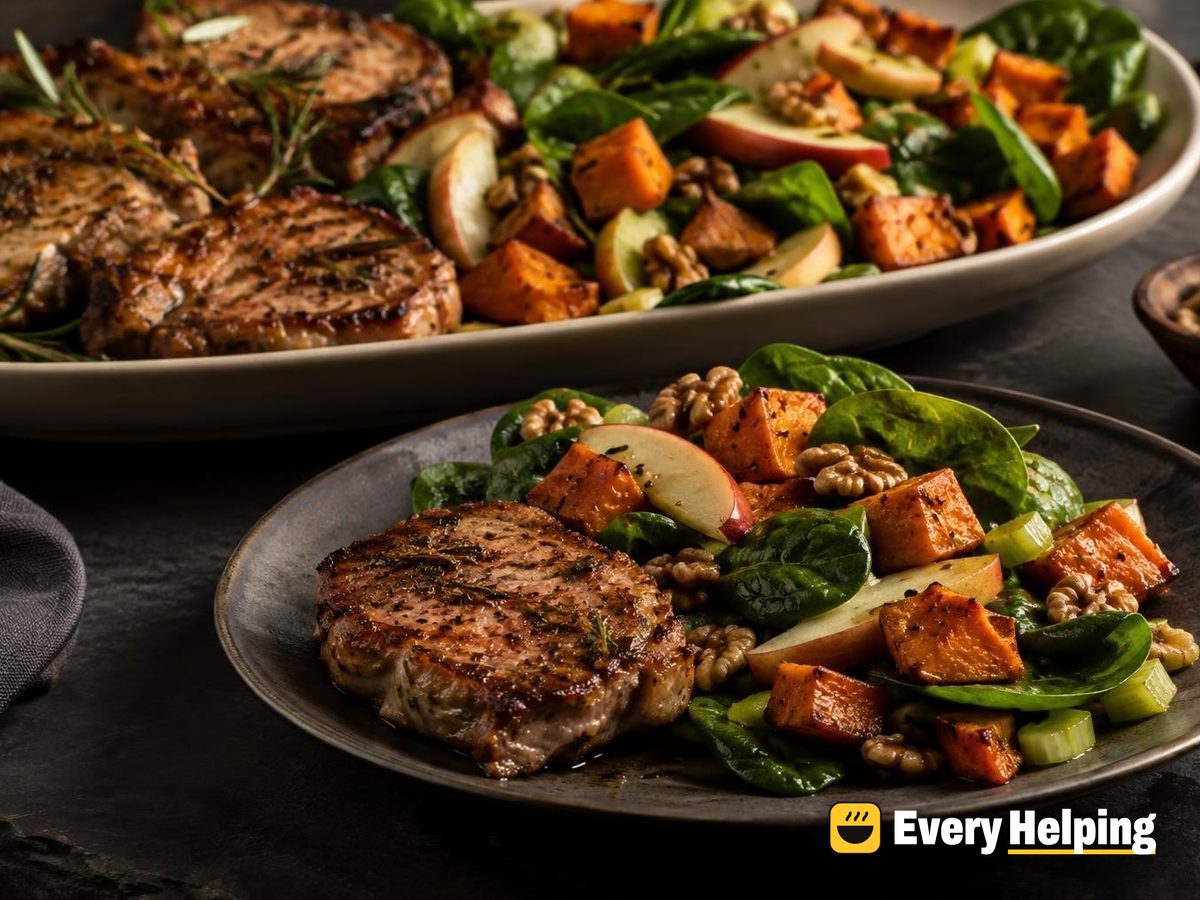 Rosemary Pork Chop, Apple and Walnut Spinach Salad