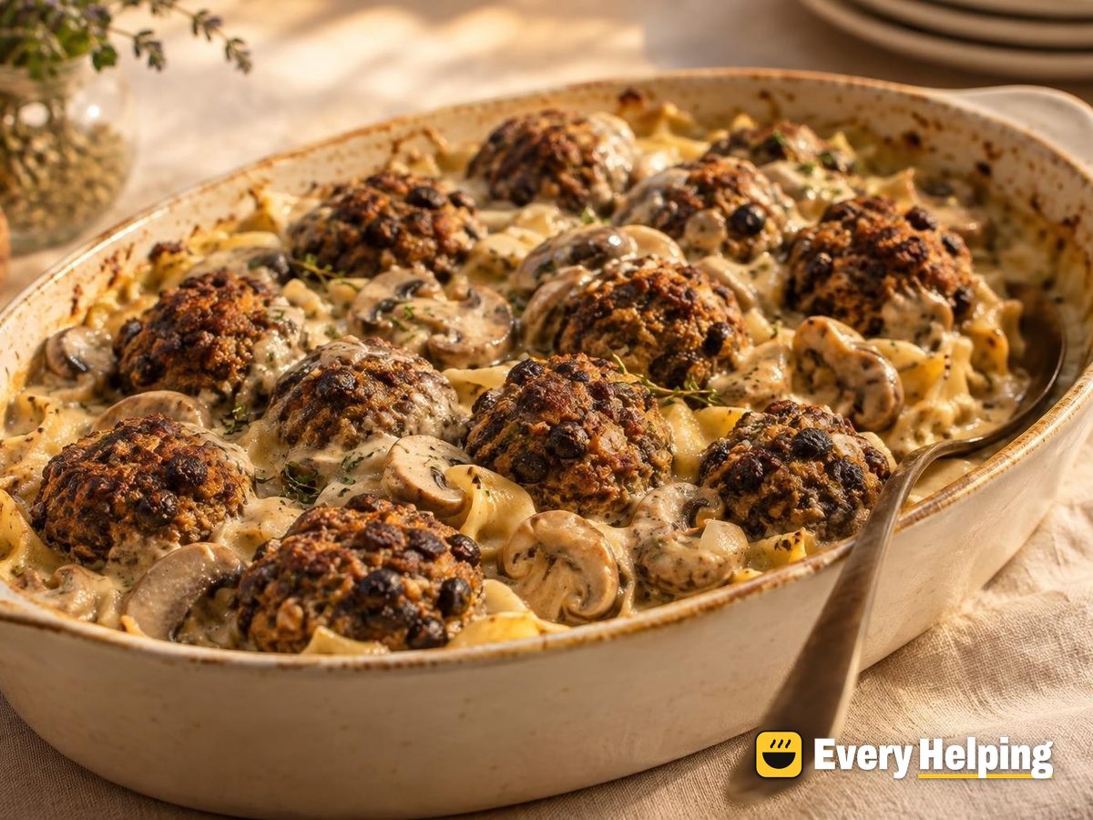Walnut Black Bean Balls in Creamy Mushroom Sauce