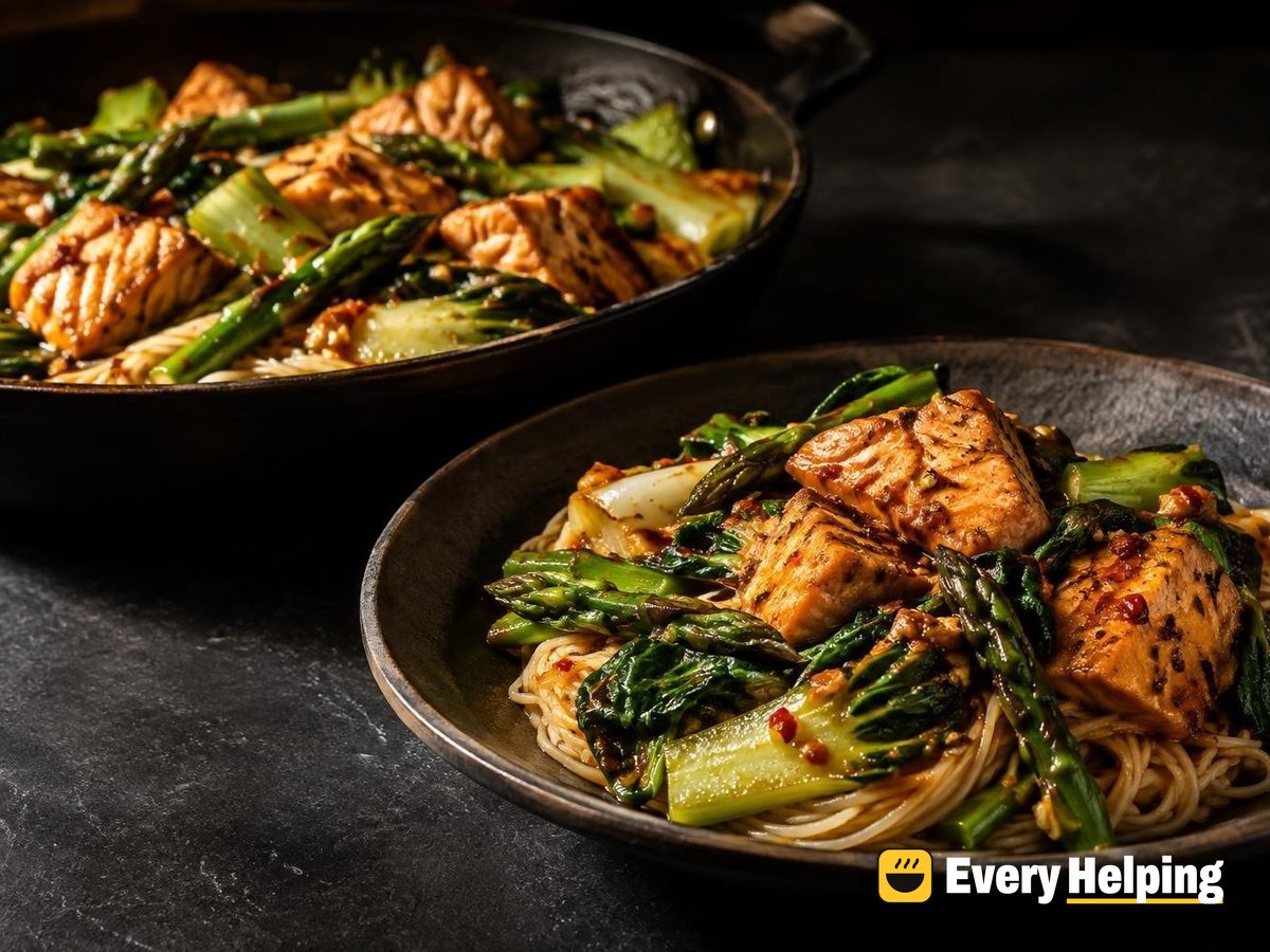 Chili Garlic Salmon with Greens and Noodles