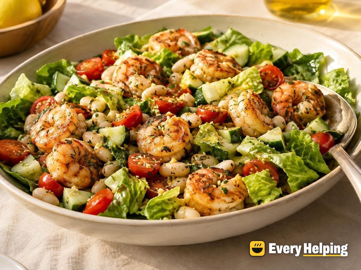 Garlicky Shrimp Romaine Salad with White Beans