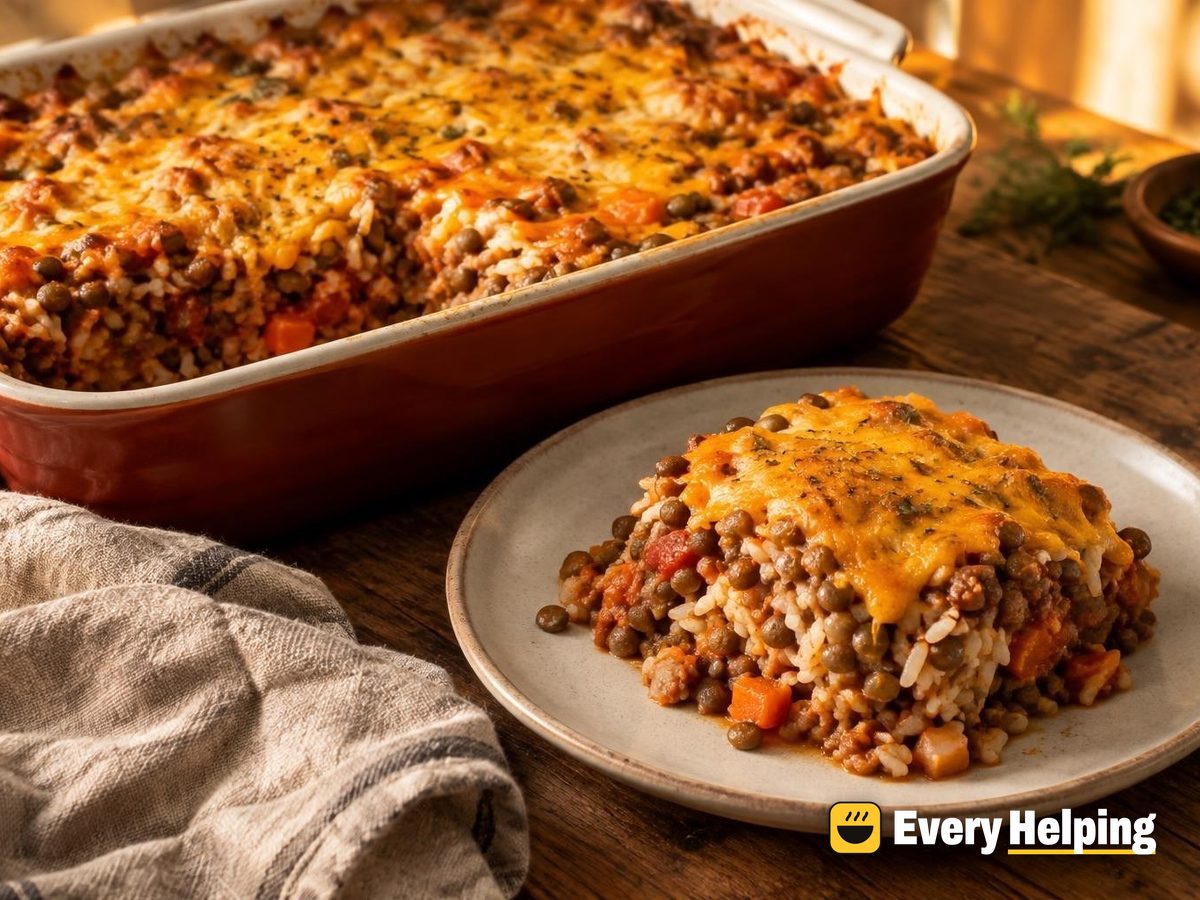 Smoky Lentil and Rice Cheddar Casserole
