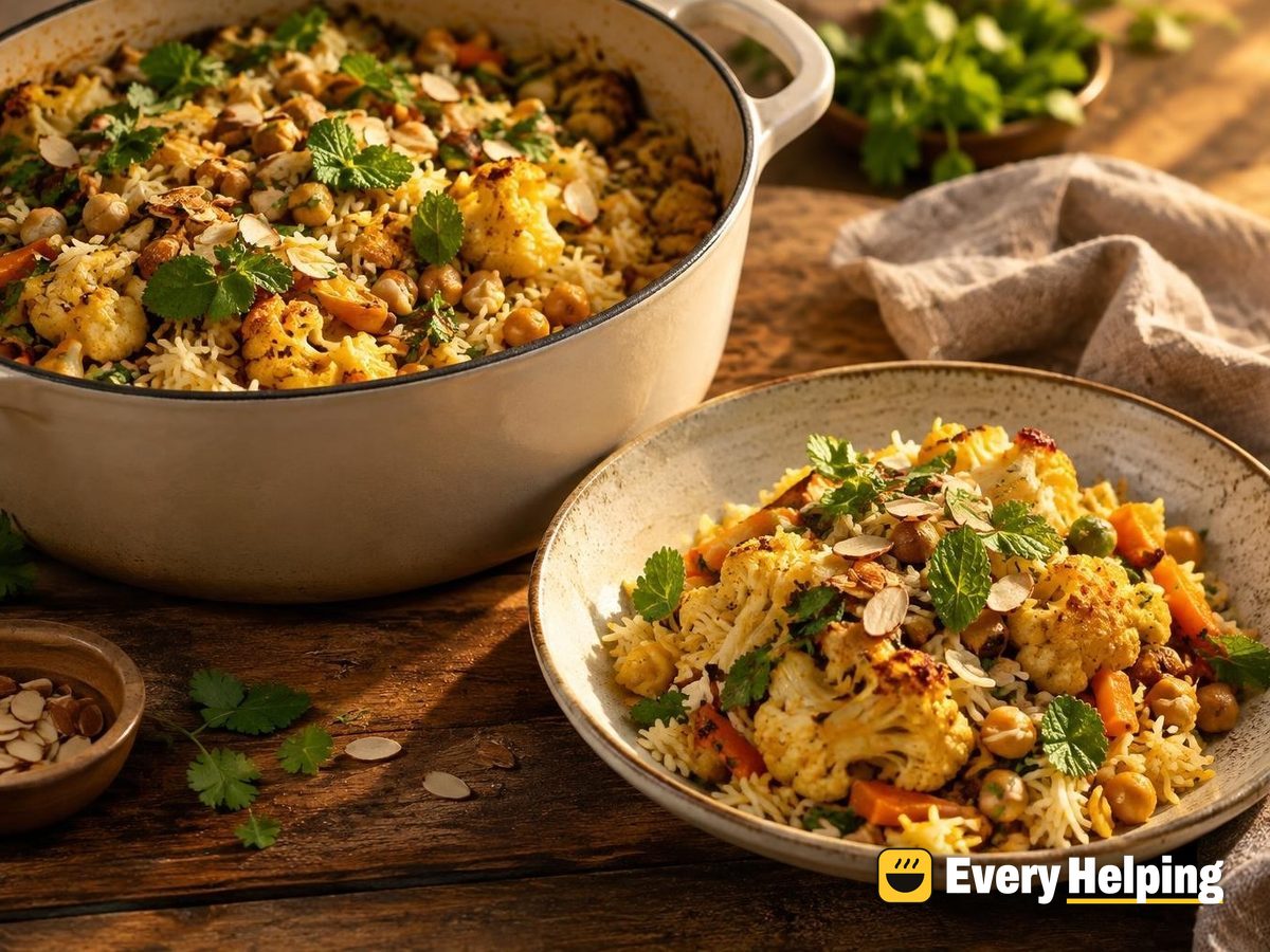 Ginger Garlic Cauliflower and Chickpea Biryani