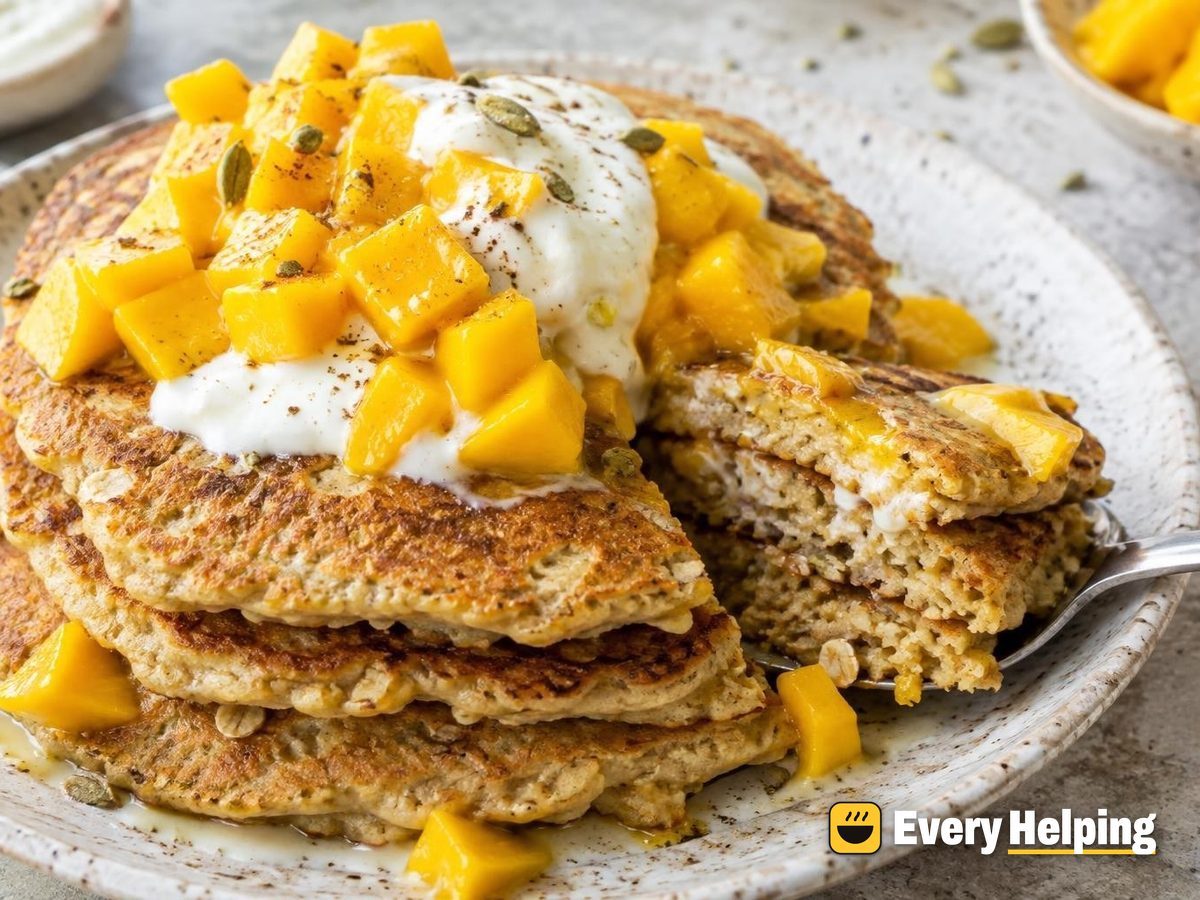 Overnight Soaked Oat Pancakes with Mango