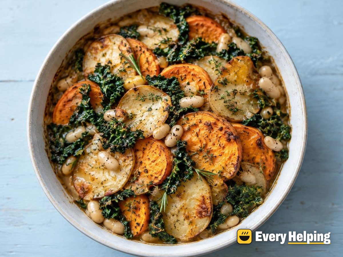 Sweet Potato, White Bean and Kale Herb Casserole