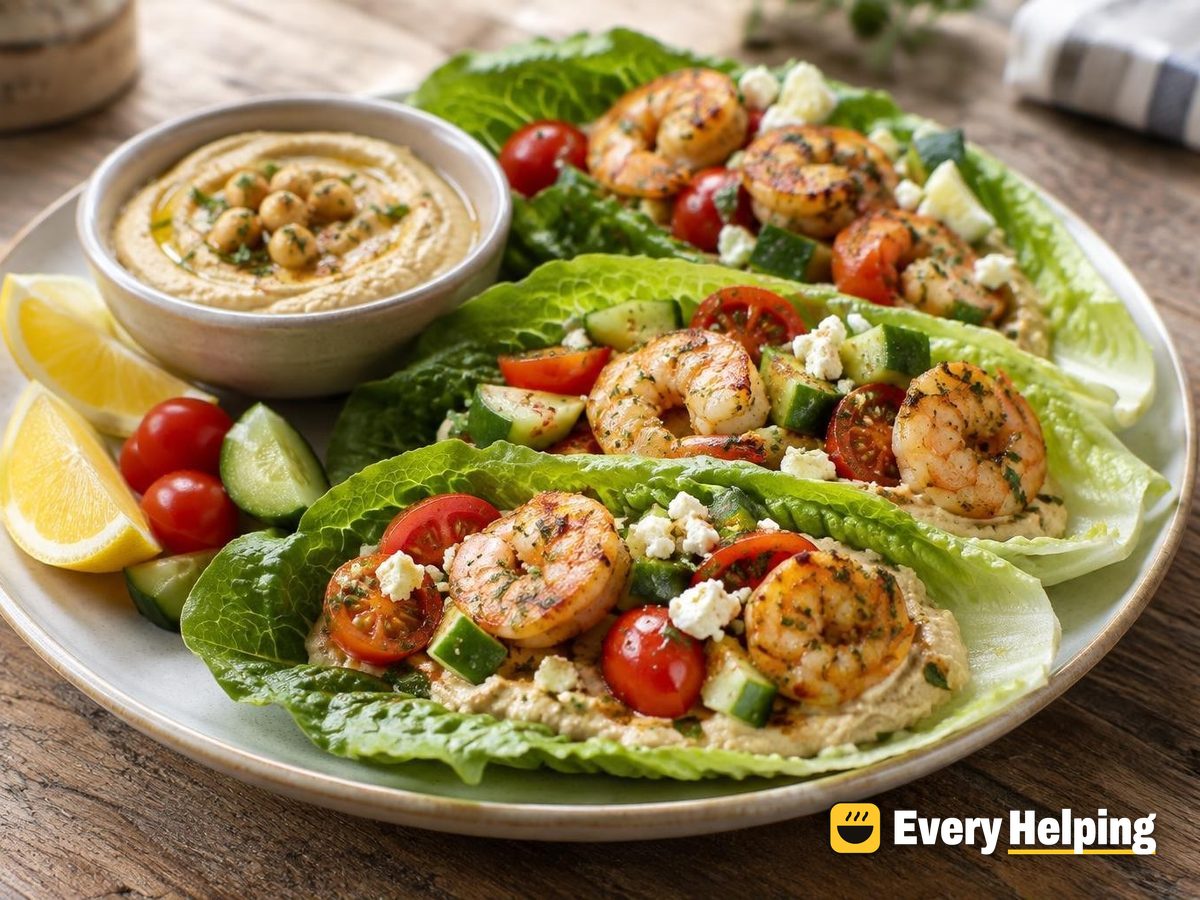 Garlicky Shrimp Lettuce Wraps with Lemon Hummus