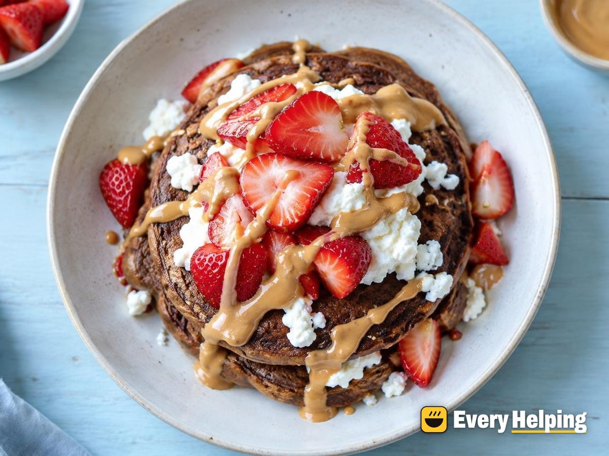 Fluffy Cottage Cheese Cocoa Pancakes with Peanut Butter