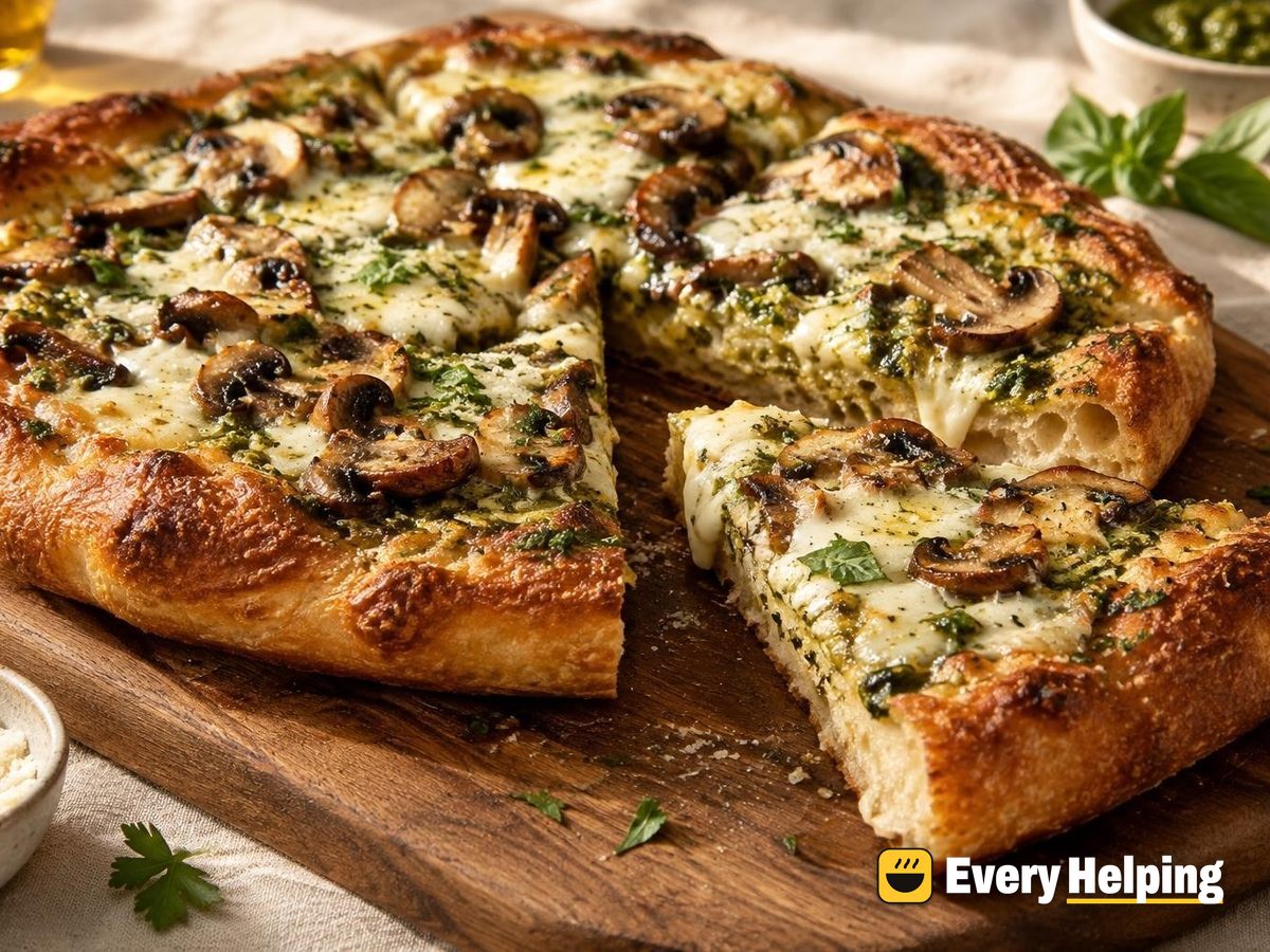 Crispy Pan Pizzas with Mushrooms and Basil Pesto