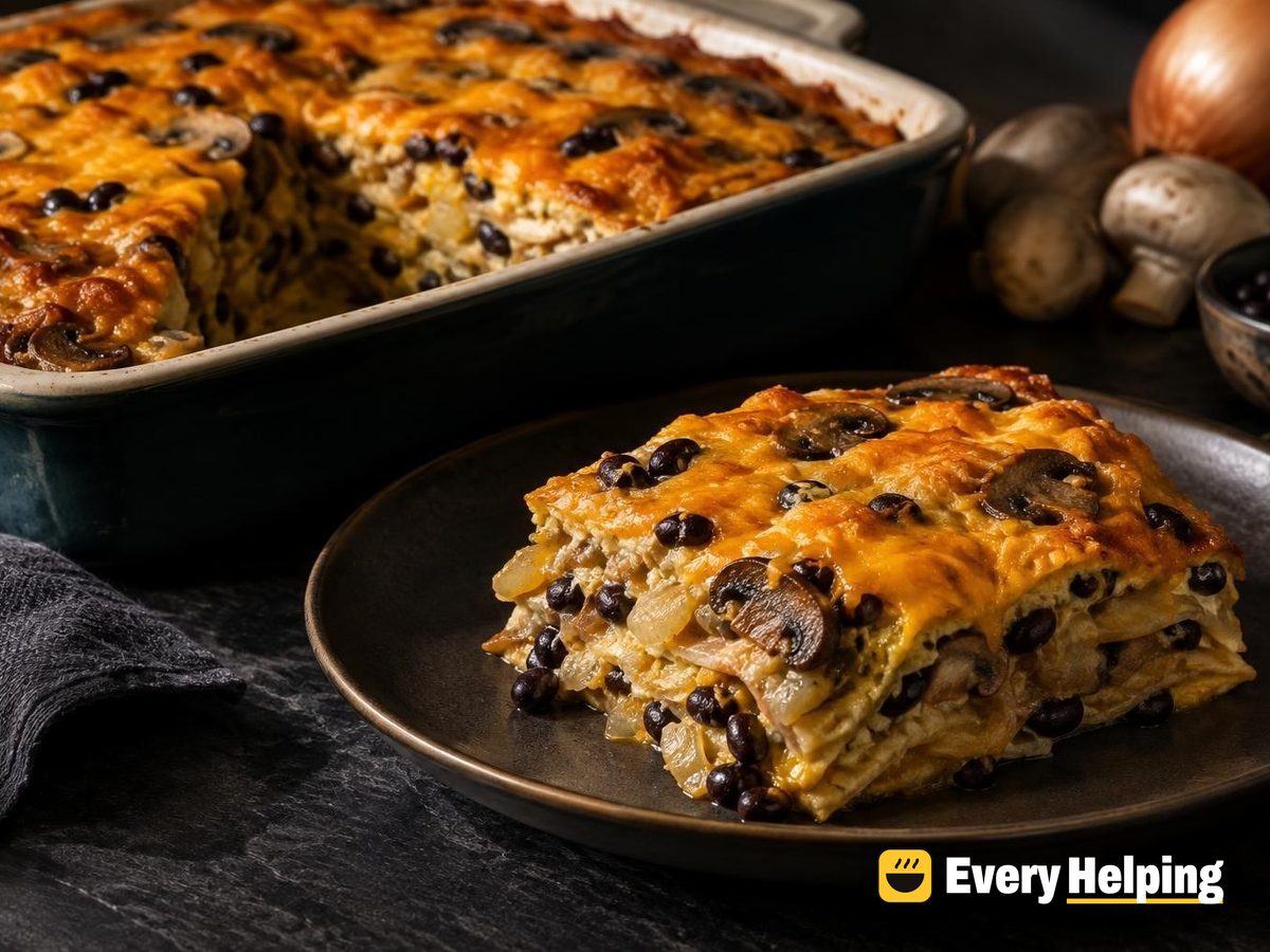 Cheddar Mushroom Black Bean Tortilla Egg Bake