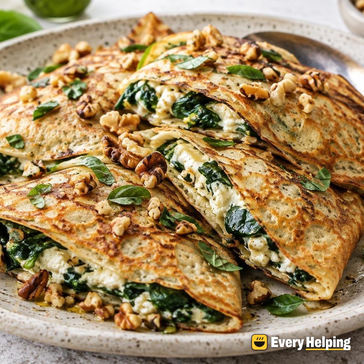 Folded Spinach Ricotta Crêpes with Walnuts and Basil