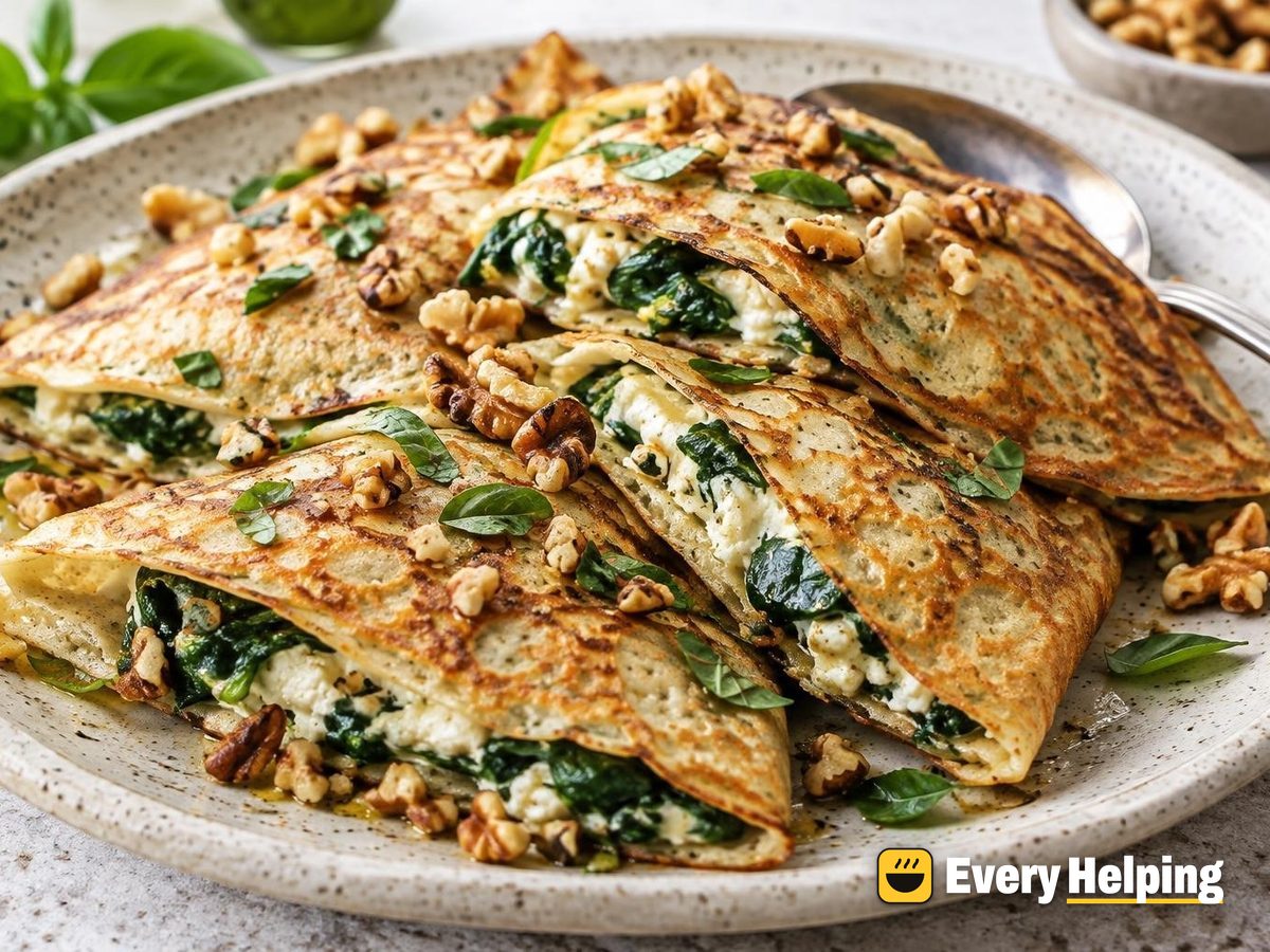 Folded Spinach Ricotta Crêpes with Walnuts and Basil