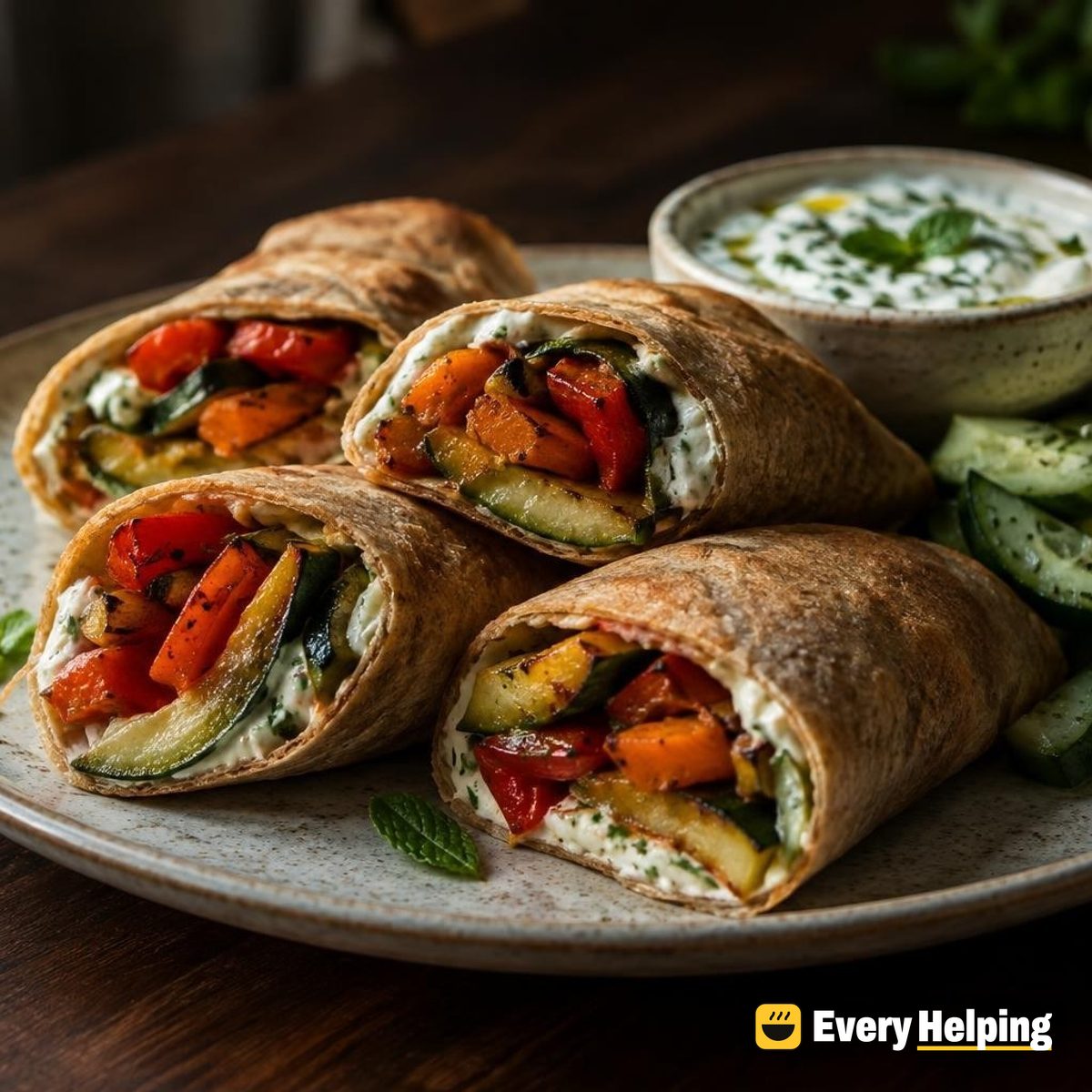 Roasted Veggie Rolls with Mint-Feta Yogurt