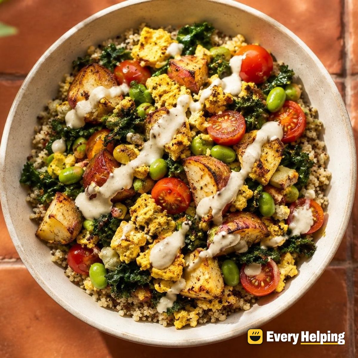 Tofu Scramble Quinoa Bowls with Lemon Tahini