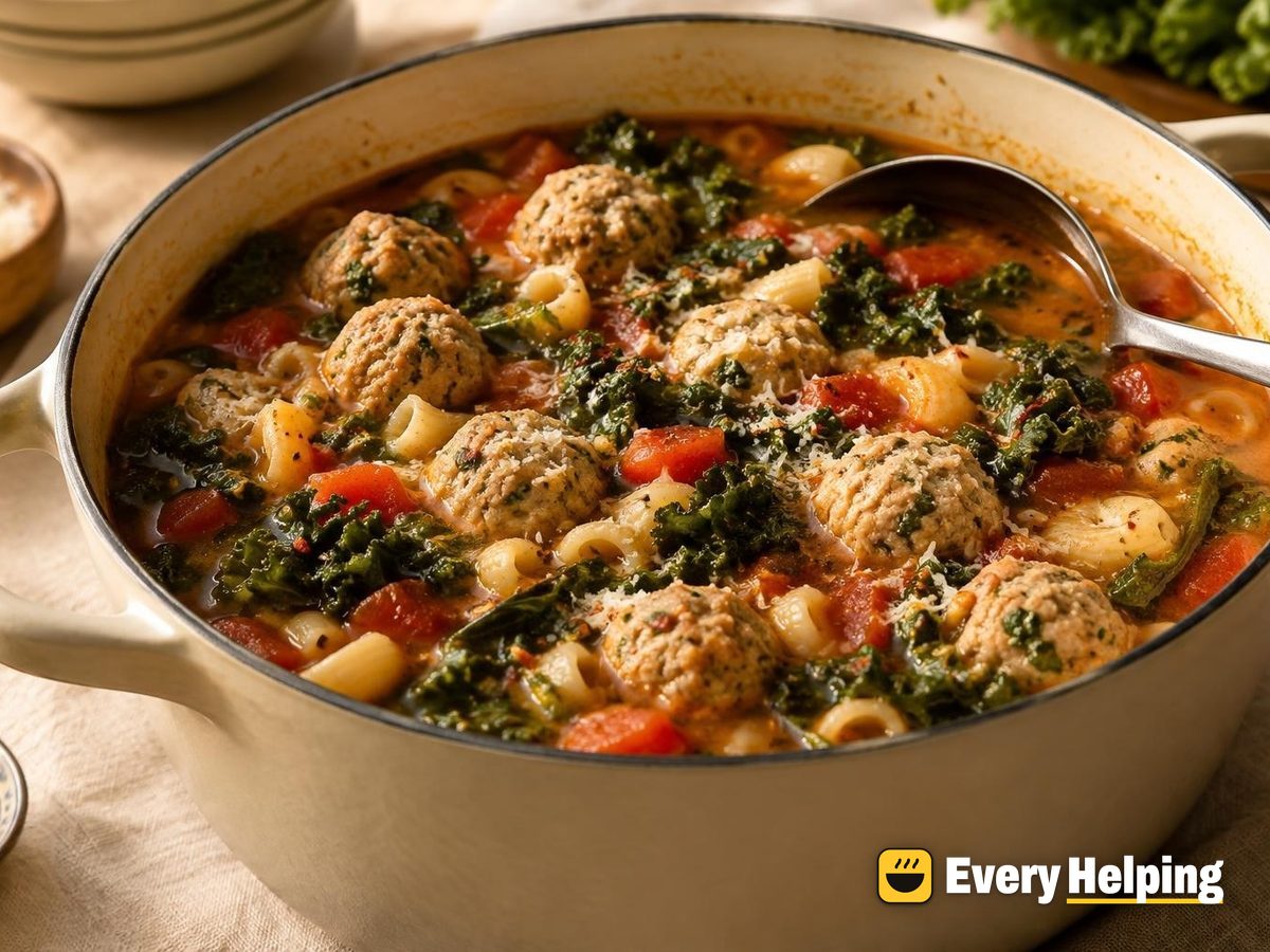 Turkey Meatball, Kale and Noodle Soup