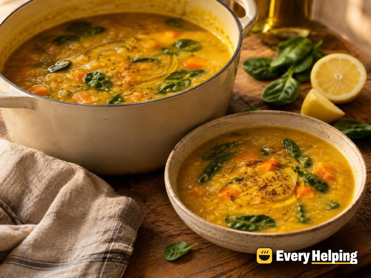 Lemony Red Lentil Soup with Spinach and Cumin