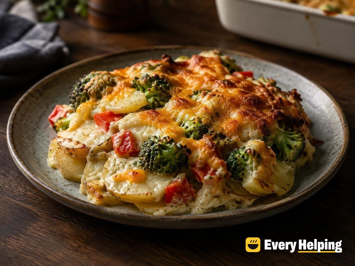 Broccoli Cheddar Potato Bake with Yogurt Sauce