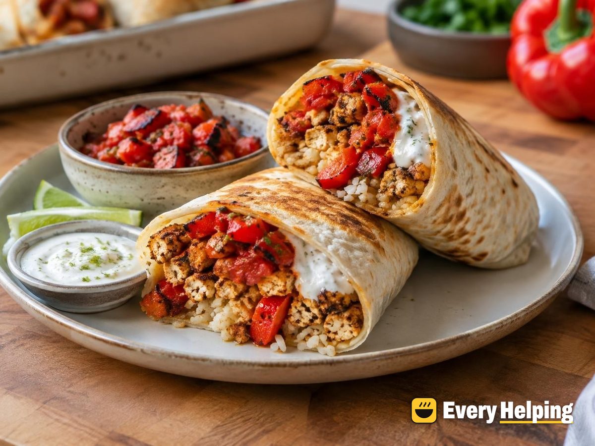 Crispy Chili Tofu Burritos with Roasted Pepper Salsa