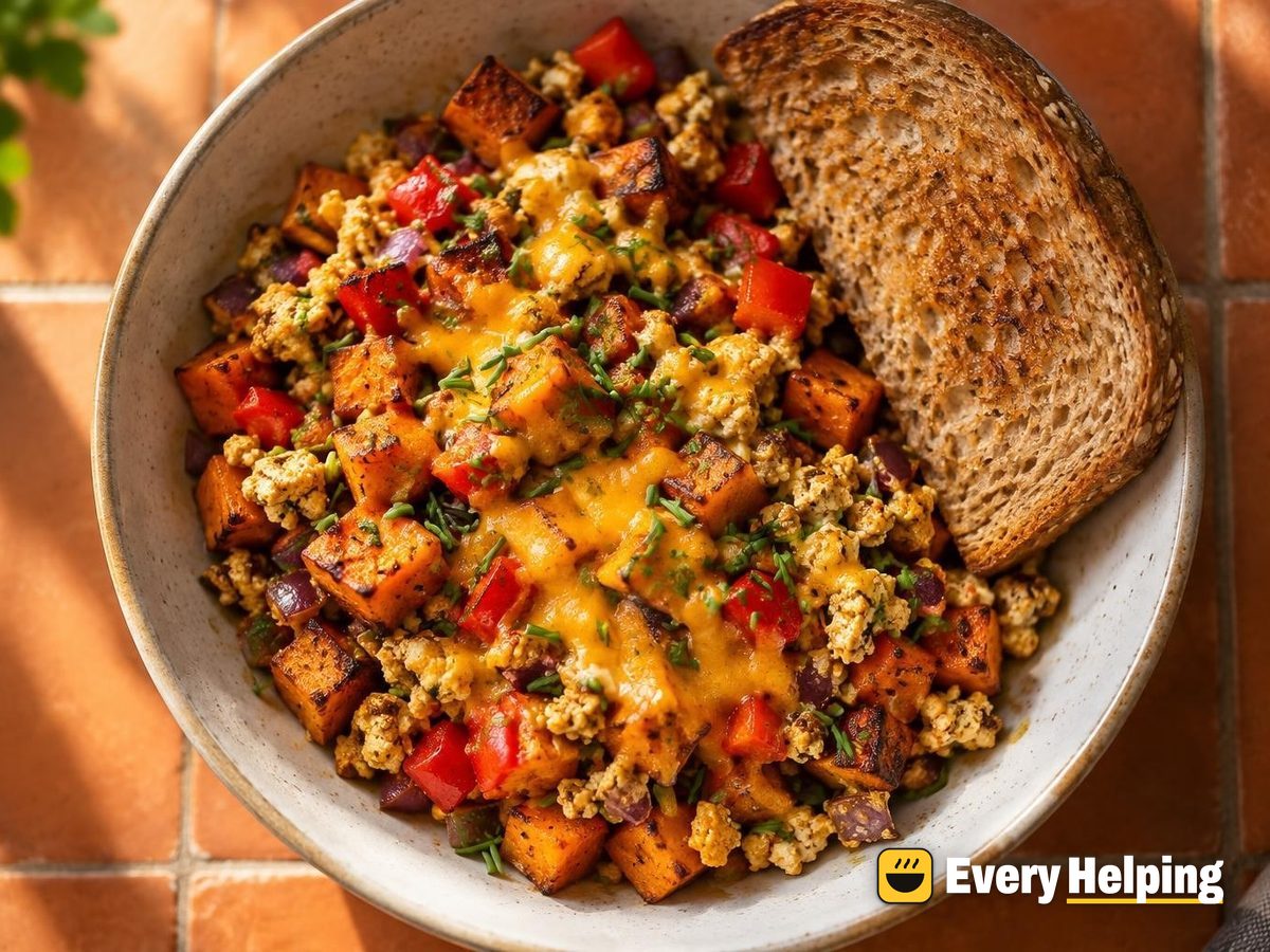 Sweet Potato Hash Tofu Scramble with Cheddar