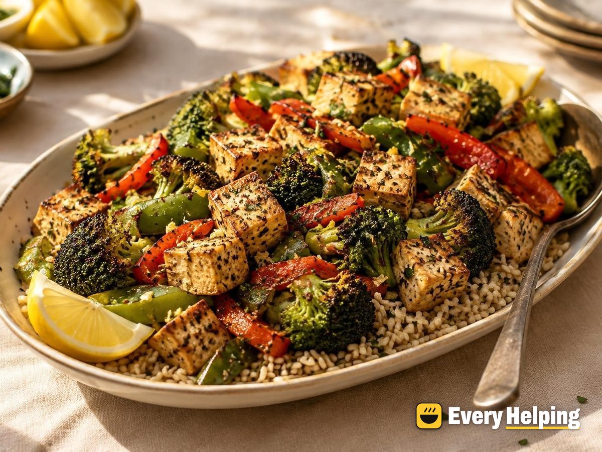 Garlic Herb Roasted Tofu with Broccoli and Peppers