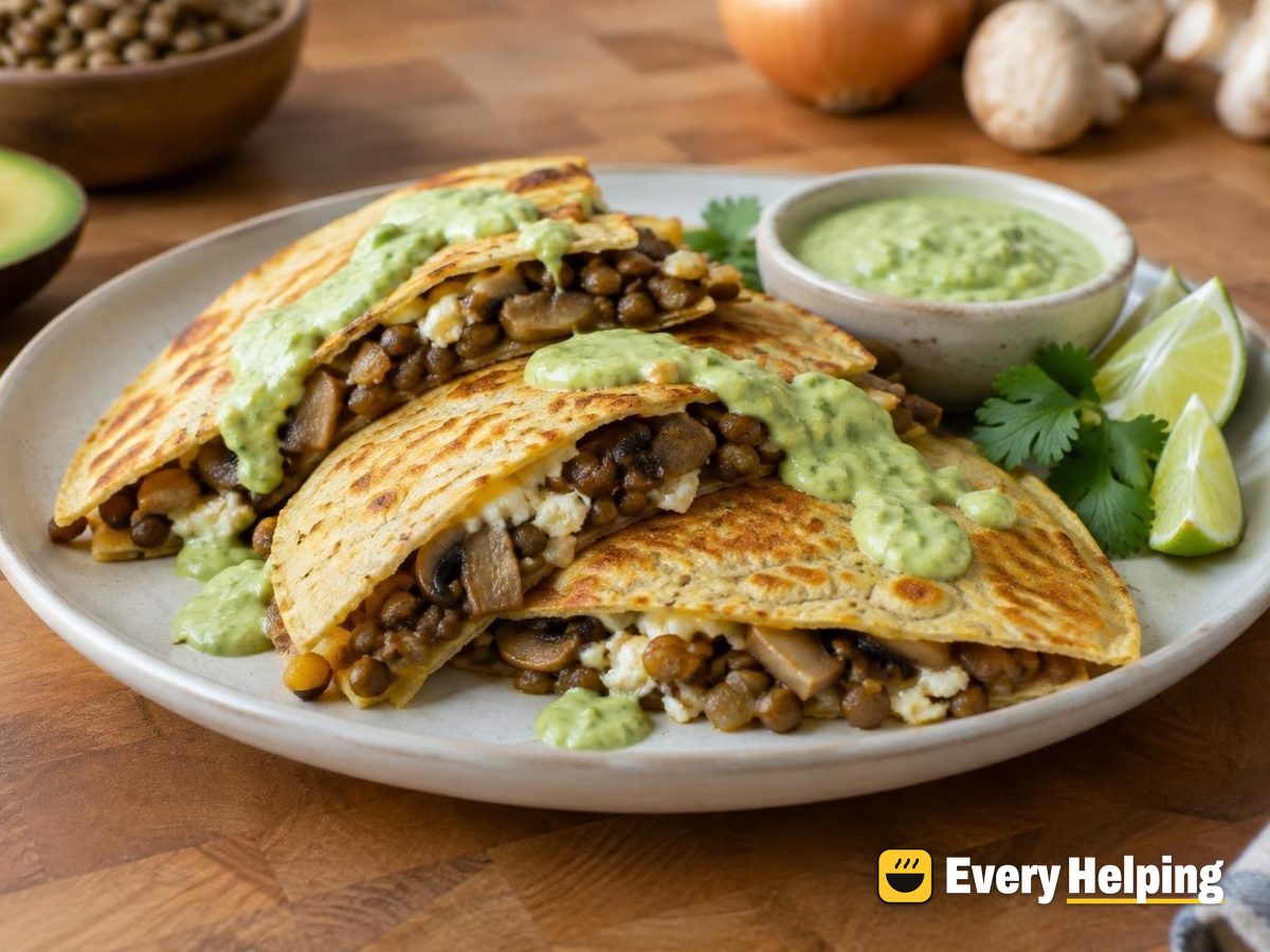 Spiced Lentil Mushroom Quesadillas with Avocado Sauce